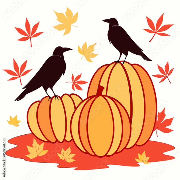 Fototapeta Autumn scene featuring crows in a pumpkin patch on a white background. Seasonal, rustic, and perfect for fall-themed designs.