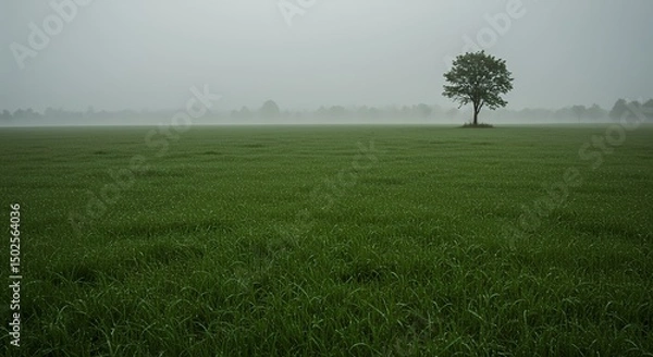 Fototapeta AI-Generated of Solitary Tree in a Foggy Green Field with Expansive Negative Space