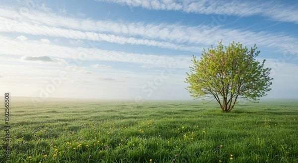 Fototapeta AI-Generated of Solitary Blooming Tree in Spring Meadow with Wildflowers and Vast Negative Space