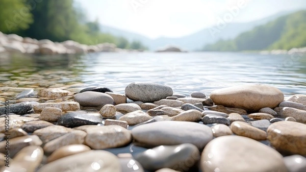 Fototapeta Tranquil Riverbed with Smooth Wet Stones stones wet smooth riverbed nature environment river water