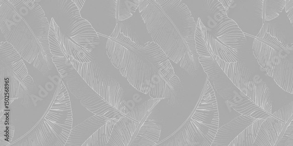 Fototapeta Monochrome botanical pattern featuring overlapping banana leaves with fine linear detailing on a rough background.