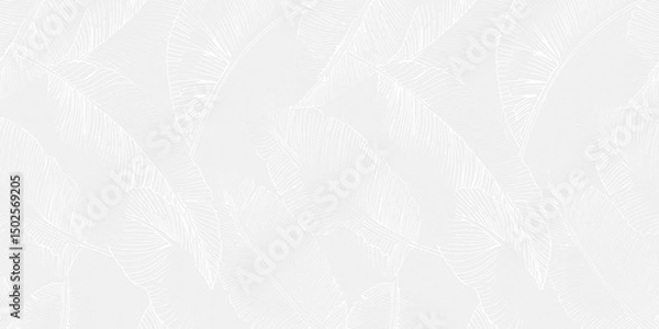 Fototapeta Monochrome botanical pattern featuring overlapping banana leaves with fine linear detailing on a rough background.