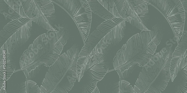 Obraz Monochrome botanical pattern featuring overlapping banana leaves with fine linear detailing on a rough background.