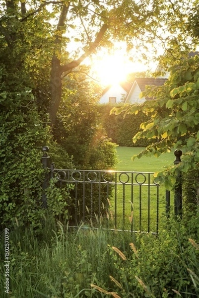 Fototapeta Rustic iron metal fence door overgrown with greenery in lush forest garden landscape, hidden entrance in wild nature, surrounded by trees and dense foliage.