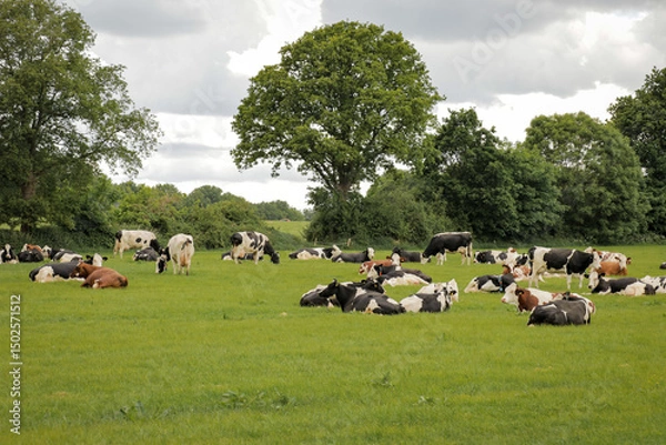 Fototapeta Free range cows in field. Grazing cattle in farmland.