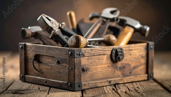 Obraz Vintage wooden toolbox with hammers, pliers and various hand tools for repair and construction