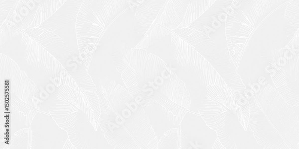 Fototapeta Monochrome botanical pattern featuring overlapping banana leaves with fine linear detailing on a rough background.