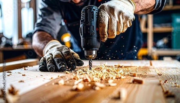 Obraz A gloved craftsman drills into wood creating wood shavings in a workshop setting with precision.