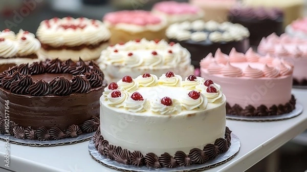 Fototapeta Colorful birthday cakes on display at the cake shop, featuring various shapes and colors. Copy space, commercial use