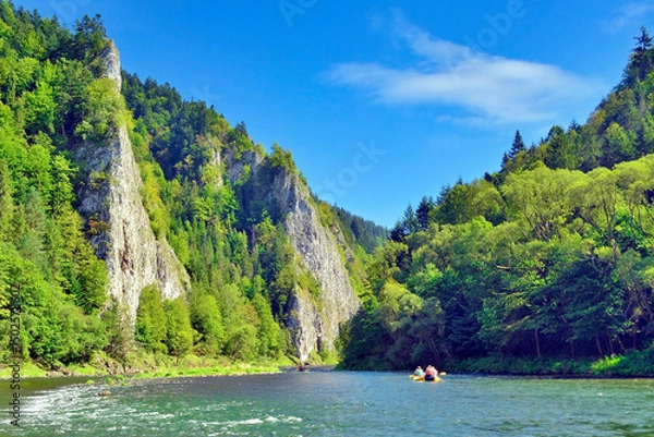 Obraz Rafting on the Dunajec river in the Pieniny National Park at summer sunny day. It is a popular tourist attraction in Pieniny mountains, Poland
