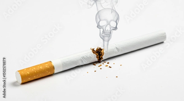 Fototapeta Broken Cigarette with Skull Smoke Symbolizing Deadly Smoking Danger