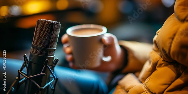 Fototapeta Close-Up of Microphone and Man Enjoying Tea – Podcast Vibes & Relaxation, Man with Tea and Microphone – Cozy Audio Session & Creative Inspiration