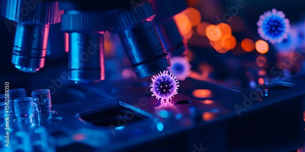Obraz Microscopic Wonders: Real-Time Observation of Viruses and Bacteria in Biotechnology, Exploring the Invisible Universe: A Close-Up Look at Microbes Through the Microscope