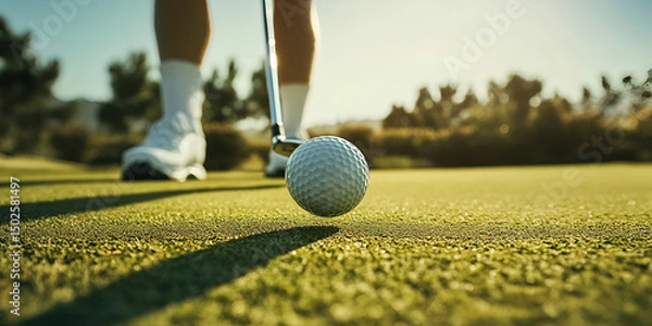 Fototapeta Perfect Golf Putting Technique: Close-Up Shot on Green Grass, Mastering the Short Game: Close-Up of Golf Ball Near the Hole in Summer Light