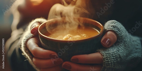 Fototapeta Comfort in a Bowl: The Soothing Warmth of Hot Soup in Gentle Hands, Steam & Serenity: A Heartwarming Bowl of Soup for the Soul