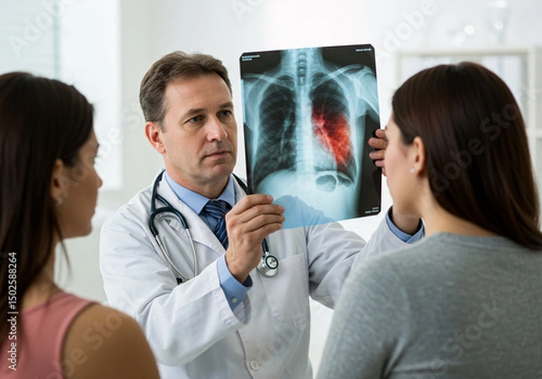 Fototapeta Doctor Explaining Chest X-ray Scan with Lung Disease to Patients