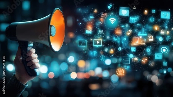 Fototapeta of a hand holding a megaphone surrounded by a variety of digital media icons and symbols representing the power of technology and social platforms for communication marketing and outreach