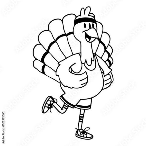 Obraz A cheerful cartoon turkey jogs with a big smile, wearing a headband and athletic gear—perfect for fun Thanksgiving and fitness-themed designs.