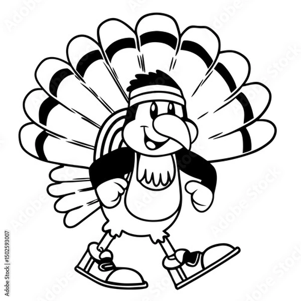 Obraz A cheerful cartoon turkey jogs with a big smile, wearing a headband and athletic gear—perfect for fun Thanksgiving and fitness-themed designs.