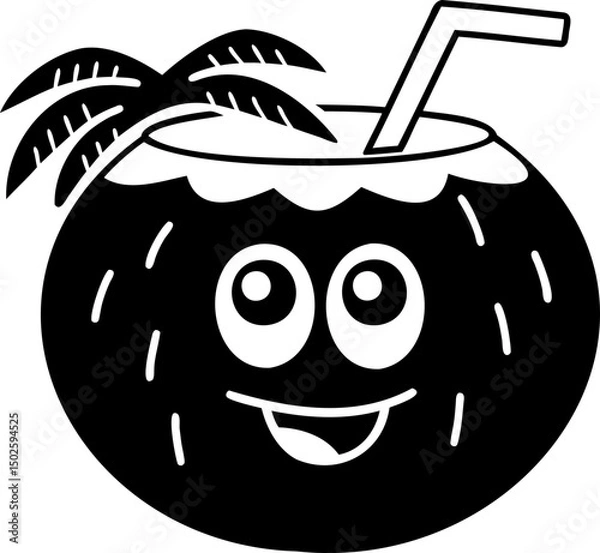 Fototapeta Cute coconut drink with straw and palm leaves, perfect for summer vibes