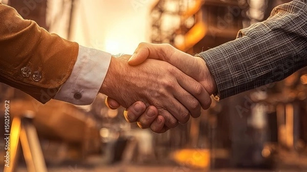Fototapeta Exchange of trust and partnership shown in a handshake between construction workers.