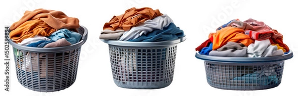 Fototapeta group of grey plastic basket of messy laundry with different sizes isolated on white