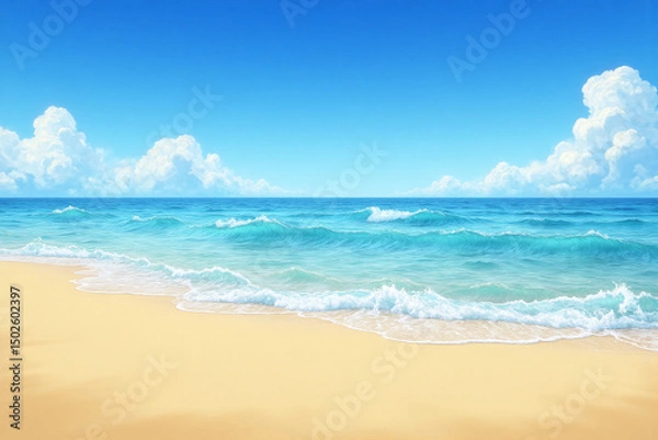 Fototapeta sandy beach with a blue sky and white clouds