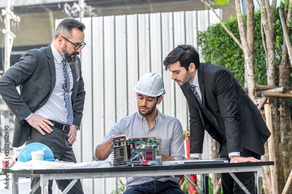 Obraz Two Businessman and power engineering talking and checking quality power solar cell with laptop computor on site new project power solution business