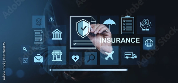 Fototapeta Digital insurance icons floating above an open hand symbolizing protection, security, and risk management on a dark abstract background.