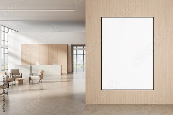 Fototapeta Modern lobby interior design with minimalist wooden decor and large blank poster on wall in bright open space with natural light and seating area. 3D Rendering