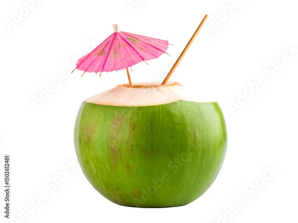 Fototapeta tropical green coconut with a pink umbrella beautifully illustrated in watercolor style perfect for summer themes drinks and vacation concepts isolated on transparent background png 18682711 1