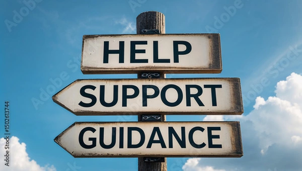 Fototapeta Signpost offering help, support and guidance under blue sky