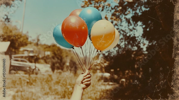 Fototapeta Multicolored balloons float above a hand, styled in a classic retro Instagram effect.

