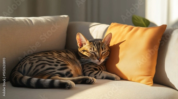 Fototapeta Relaxing bengal cat on a couch in sunlight with cozy cushion and copy space