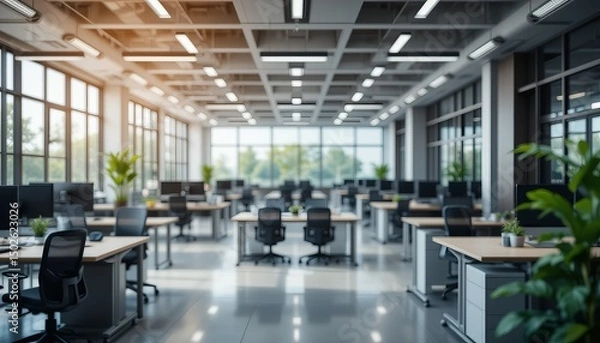 Fototapeta Blurred, modern office interior features rows of desks and computers bathed in natural window light
