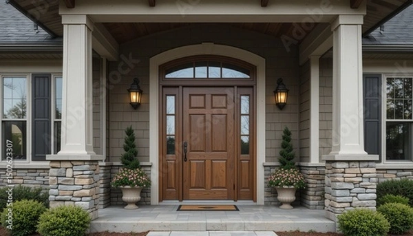 Fototapeta Inviting front entrance with a grand wooden door, stone accents, and decorative plants displayed.