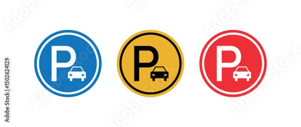 Fototapeta Circular Parking Symbol with Car Icon, Round P Signage Indicator, Vehicle Parking Area Marker, Transit Navigation UI Element, Urban Parking Lot Locator, Roadway Directional Vector Graphic