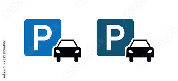 Fototapeta Parking Icon with Car Symbol, Blue P Sign, Vehicle Parking Spot Marker, Urban Transport UI Graphic, Roadway Navigation Vector, Transit Map Element, City Infrastructure Sign Illustration