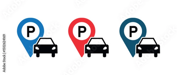 Fototapeta Parking Pin Icon with Car Symbol, Map Marker P Sign, Vehicle Parking Spot Illustration, Roadway Navigation UI,UX Graphic, Transit Map Vector, Urban Transport Location Marker Design