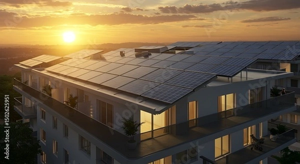 Obraz Building with Solar Panels at Sunset