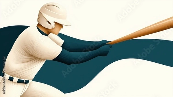 Obraz Baseball Player Swinging Bat Dynamic Action Pose Teal Blue Background Illustration