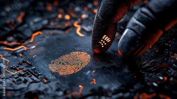 Fototapeta Glowing Fingerprint Biometric Scan on Dark Surface