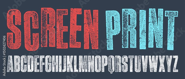 Fototapeta Screen Print Condensed Font. Works well at small sizes. Detailed individually textured characters with an eroded halftone, screen print texture. Unique design font