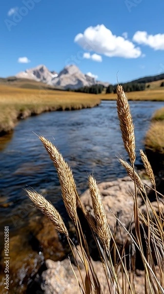 Fototapeta Golden Grass by a River in a Mountainous Tundra Field