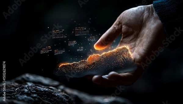 Fototapeta Hand Holding Glowing Digital Data Waveform in Dark Background