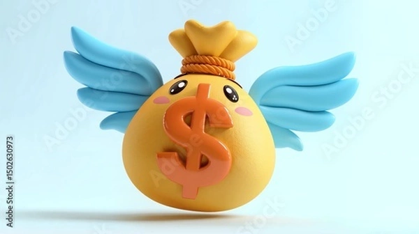 Obraz Cute winged money bag with dollar symbol and playful expression - animated finance