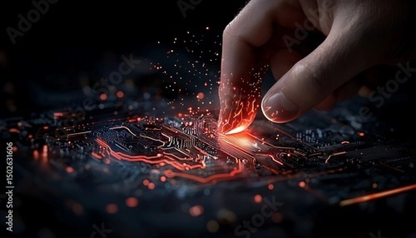 Fototapeta Hand Interacting with Glowing Circuit Board Detail