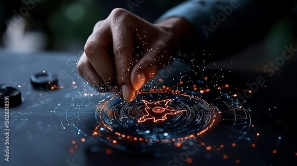 Fototapeta Hand Interacting with Glowing Digital Network Data