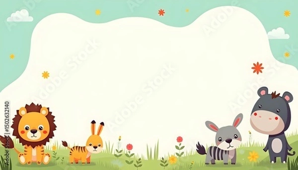 Fototapeta children's poster with smiling cartoon jungle animals and empty space