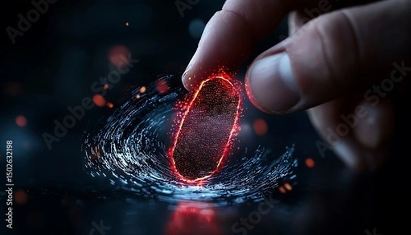 Fototapeta Hand Interacting with Glowing Red Biometric Scanner